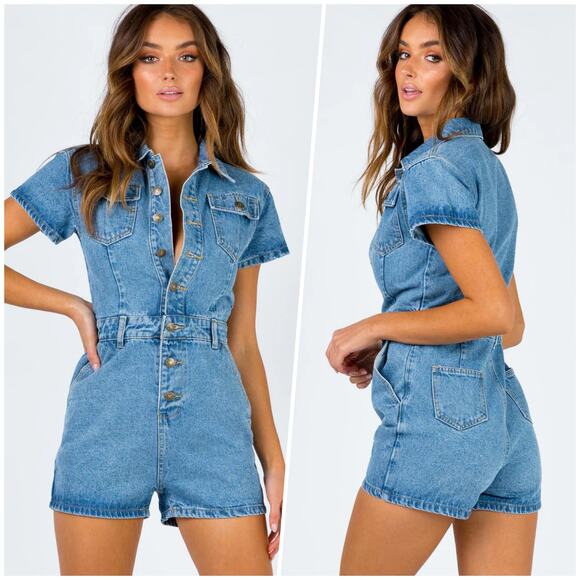Lioness | Women | U Know What’s Up Y2K Short Denim Button Up Romper | Medium - Picture 12 of 16